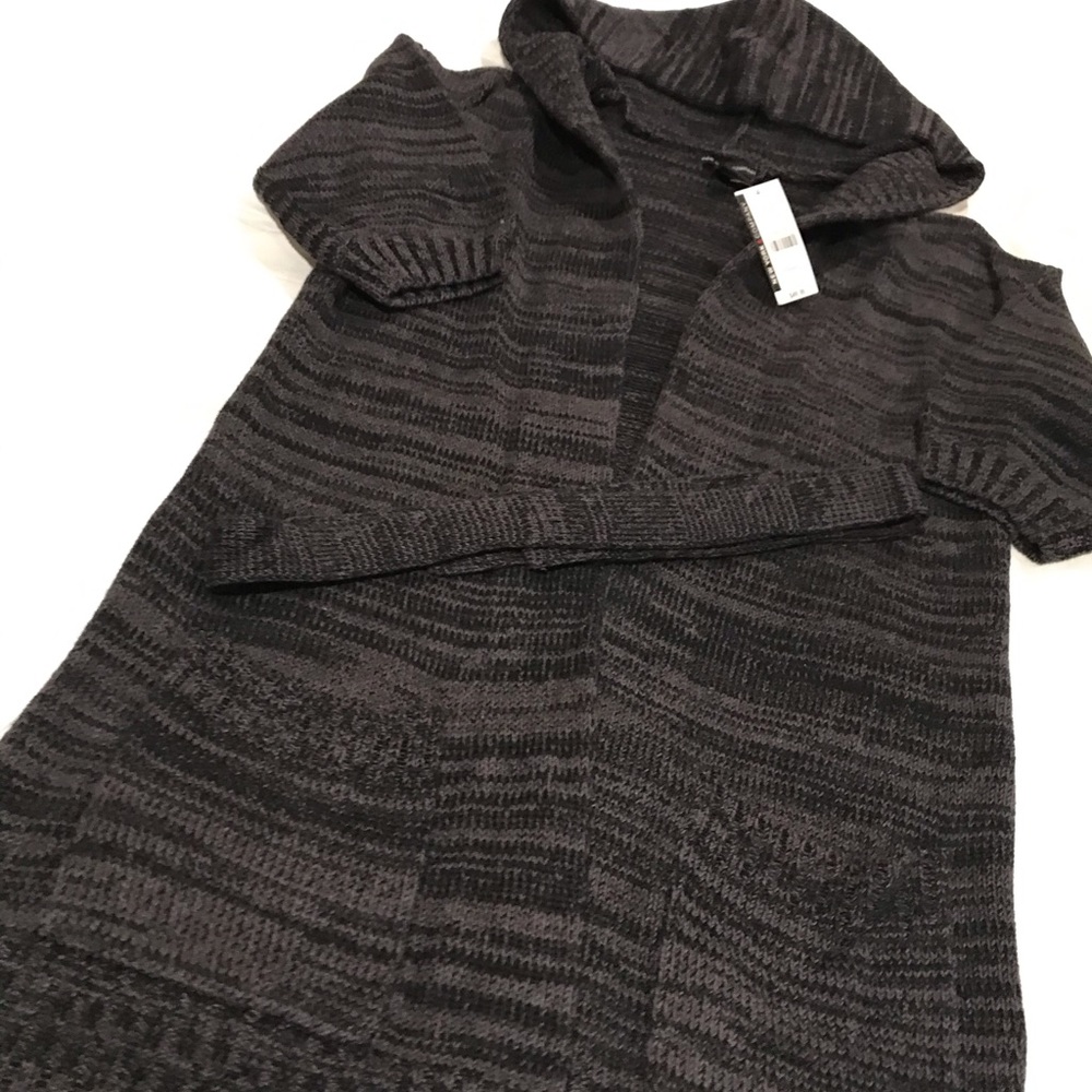 Long hooded wrap tie cardigan